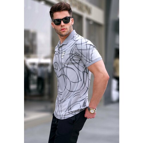Madmext Painted Gray Patterned Polo Neck T-Shirt 5873 Slike