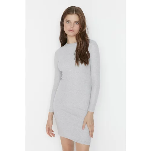 Trendyol Gray Fitted Mini Half Turtleneck Ribbed Stretch Knit Dress