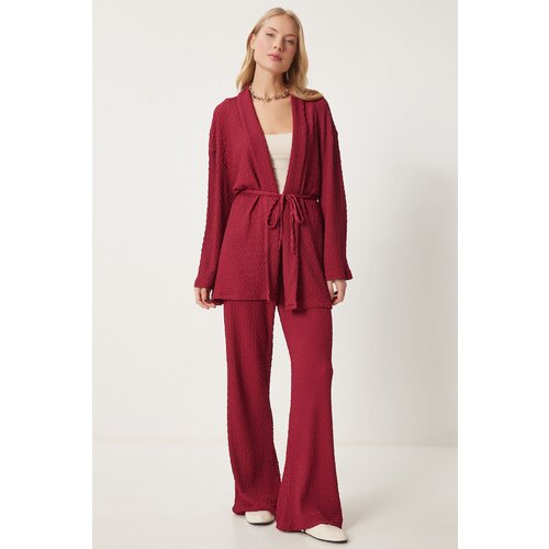 Happiness İstanbul Women's Burgundy Textured Knitted Kimono Trouser Set Slike