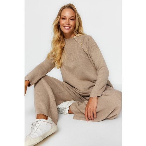 Trendyol Mink Button Detailed Knitwear Top and Bottom Set Cene