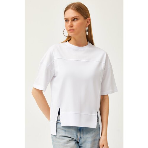 Olalook women's white stitching detailed cut-front cotton t-shirt Slike