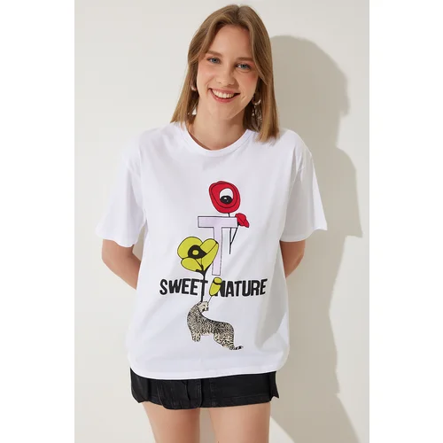  Women's White Printed Oversize Knitted T-Shirt