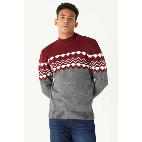 AC&Co / Altınyıldız Classics Men's Burgundy Anthracite Standard Fit Half Turtleneck Ruffled Soft Textured Knitwear Sweater