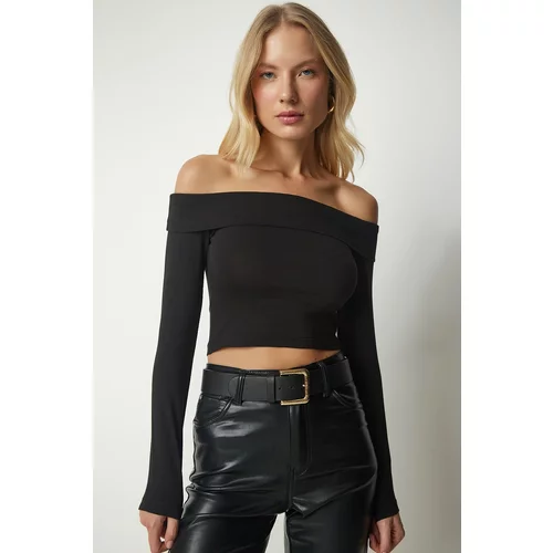 Happiness İstanbul Women's Black Layered Carmen Collar Knitted Crop Blouse