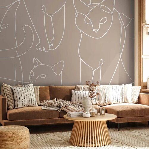  Foto tapeta - Cat lineart - minimalist sketches of white cats on beige background 450x315 Premium Cene