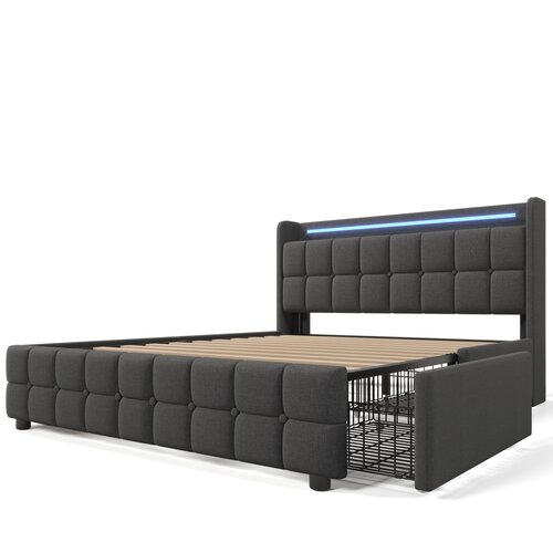 Lumor Oblazinjena postelja 140x200 cm iz lana - z LED in polnilnimi priključki za USB - 4 predali - siva, (22150995) Cene