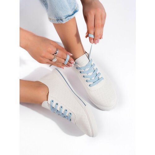Shelvt Women's openwork sneakers white and blue Slike