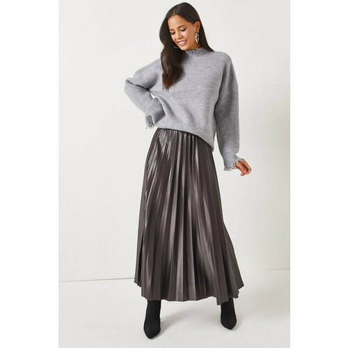 Olalook Anthracite Leather Look Pleat A-Line Skirt Cene