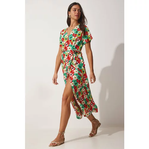 Happiness İstanbul Women's Green Floral Viscose Viscose Summer Dress with Pile, Wrapover Collar