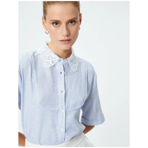 Koton Lace Collar Shirt with Short Sleeves and Buttons Linen Viscose Blend.