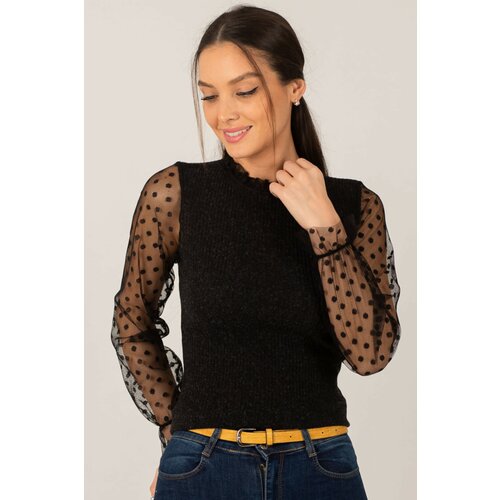 armonika Women's Black Corduroy Knitwear Sweater with Tulle Sleeves and Collar Slike