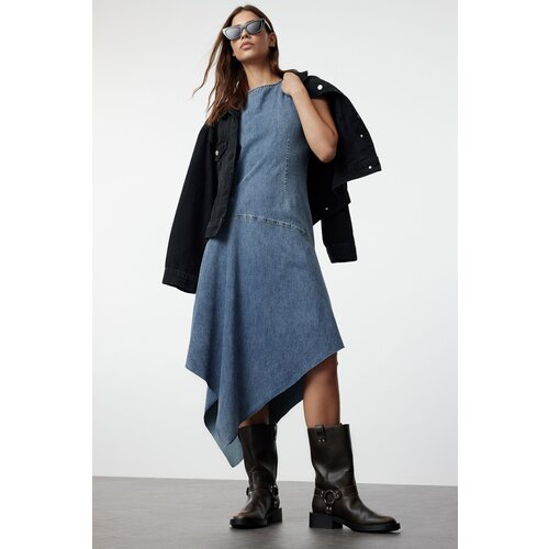 Trendyol Blue Stitching Detailed Asymmetrical Midi Denim Dress Cijene