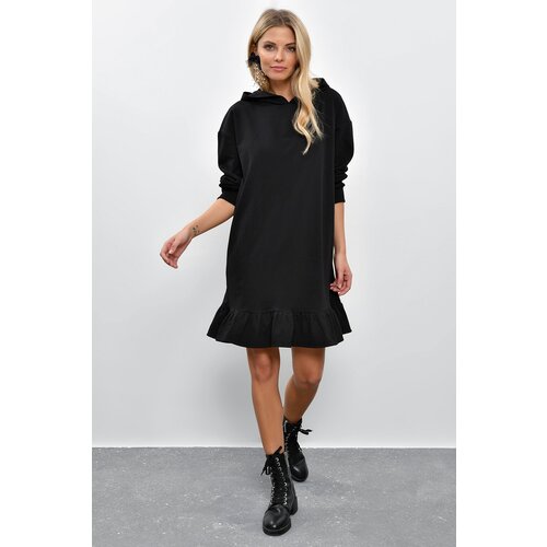 Cool &amp;amp; Sexy Women&amp;#039;s Black Ruffle Hooded Sweat Dress B40 Slike