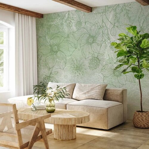  Foto tapeta - Flowery meadow - nature with field flowers lineart on green background 200x140 Cene