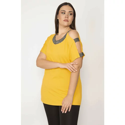 Şans Women's Plus Size Yellow One Shoulder And Collar Silvery Detailed Blouse