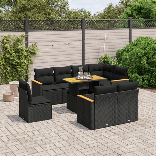 VidaXL 9-dijelni set vrtnih sofa s jastucima crni od poliratana Slike