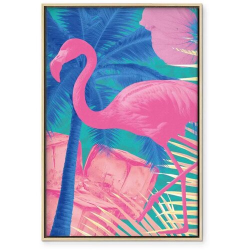  Slika - Pink Flamingo - Abstract Flamingo Against Palms and Ice Cubes 80x120 U prirodnom drvenom okviru Slike