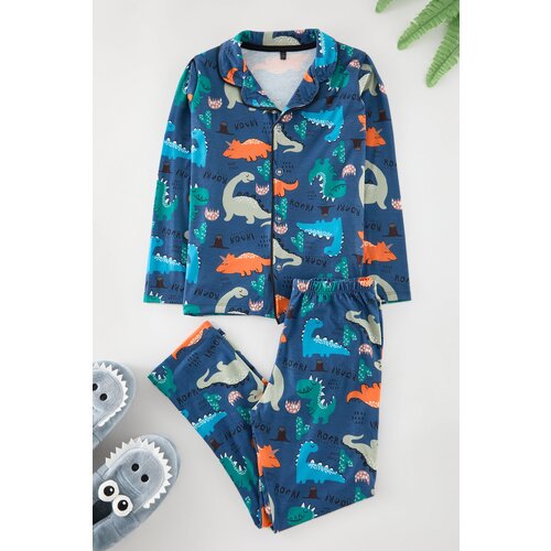 Trendyol Navy Blue Boy Printed Pajama Set Knitted Top-Bottom Set Slike