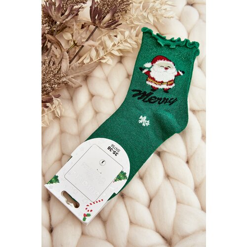 Kesi Women's shiny Christmas socks with Santa Claus, green Cene