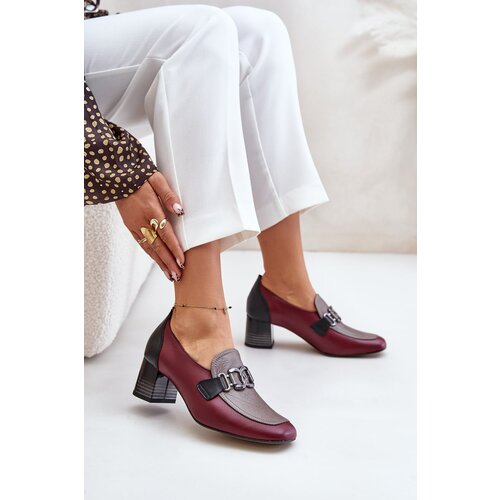 Laura Messi Leather Heels On A Block Heel With A Gold Decoration 2861 Burgundy Cijene