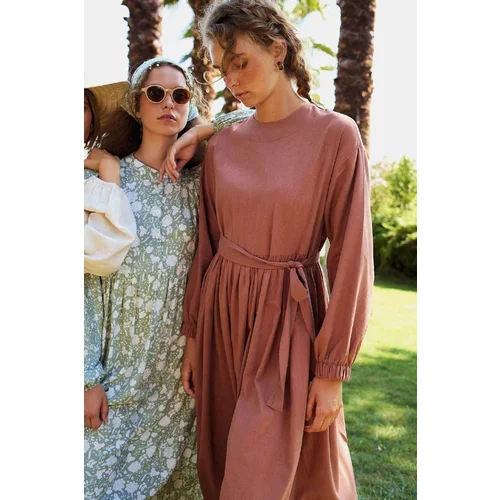 Defacto Manuka x Crew Neck Linen Blend Long Sleeve Maxi Dress