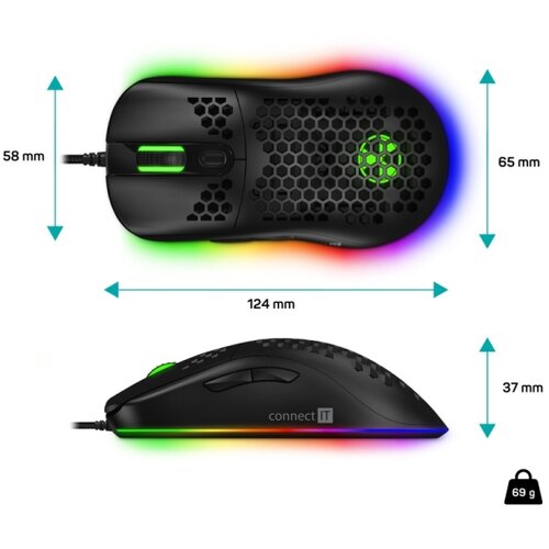 Connect IT CMO-5511-BK - LED RGB žični gejmerski mi&amp;scaron; 200-12800 DPI crne boje Slike