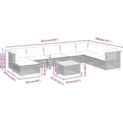  9-dijelni set vrtnih sofa s jastucima crni od poliratana Slike
