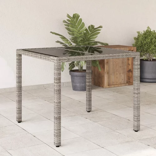 vidaXL Vrtna miza s stekleno ploščo siva 90x90x75 cm poli ratan