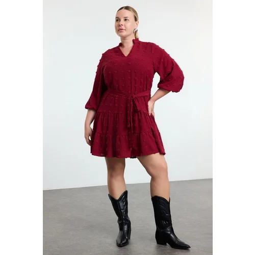 Trendyol Curve Burgundy V Neck Balloon Sleeve Belted Pompom Woven Mini Plus Size Dress