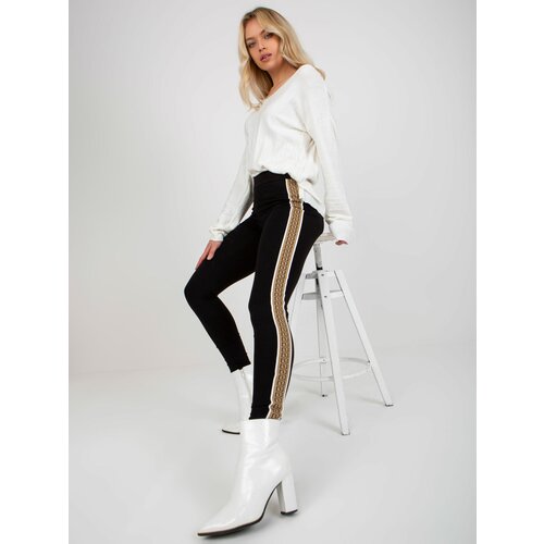 Fashion Hunters Black-beige smooth leggings with stripes Slike