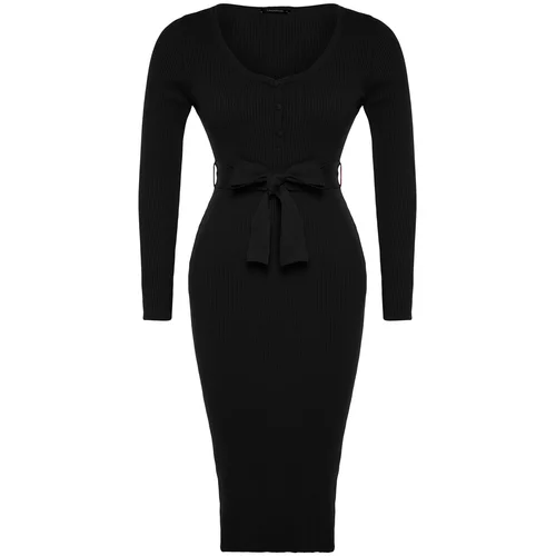 Trendyol Curve Black Knitwear Dress with Tie Detail and Buttons at the waist