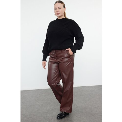 Trendyol curve claret red wide cut faux leather woven trousers Cene