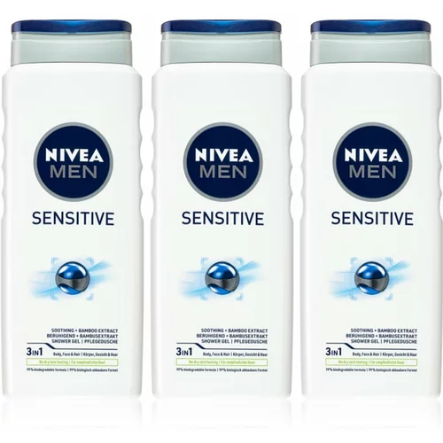 Nivea Men Sensitive gel za tuširanje za muškarce 3 x 500 ml (ekonomično pakiranje)