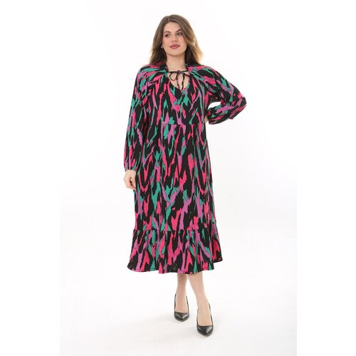 Şans Women's Plus Size Colorful V-Neck Crepe Fabric Long Sleeve Layered Dress Slike