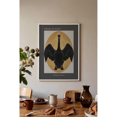 Wallxpert uramljena slika 115216, The Black Swan Hilme af Klint, crni labud u zlatnom ovalu, 30 x 40 cm, beli ram Cene