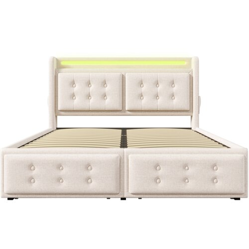 Lumor Postelja za odrasle 180x200 cm iz lanu &amp;ndash; z LED in priključki za polnjenje &amp;ndash; 4 predali &amp;ndash; bež, (22151311) Slike