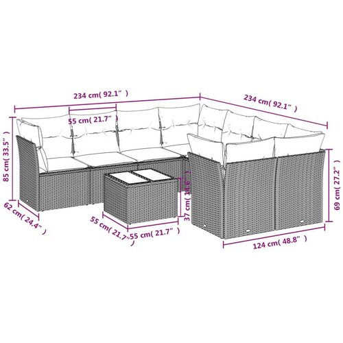 vidaXL 9-dijelni set vrtnih sofa od poliratana s jastucima svjetlosivi Cene