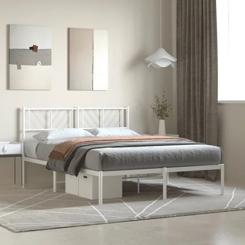 vidaXL Kovinski posteljni okvir z vzglavjem bel 135x190 cm