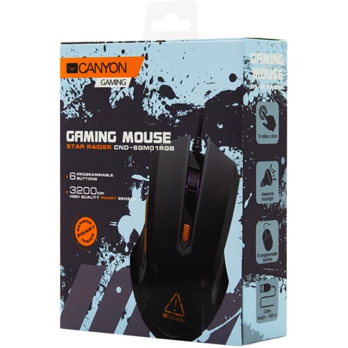 Canyon Star Raider GM-1 Optical Gaming Mouse with 6 programmable buttons, Pixart optical sensor, 4 levels of DPI and up to 3200, 3 million times key life, 1.65m PVC USB cable,rubber coating surface and colorful RGB lights, size:125*75*38mm, 115g Slike