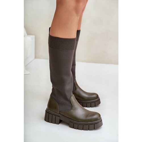 FS1 Knee Boots With Elastic Shaft On Flat Heel Light Beige Mesidra Cene