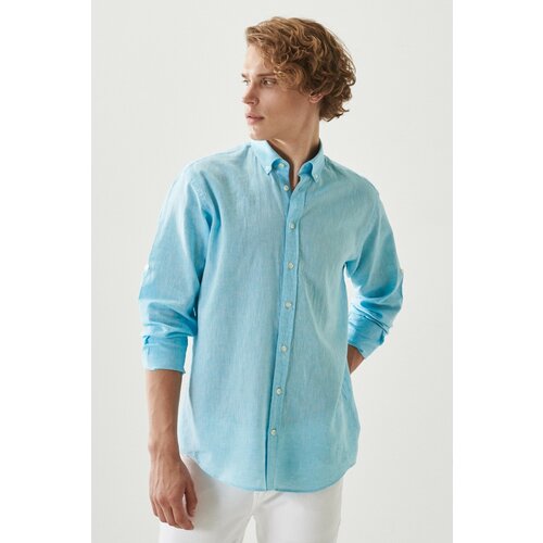 AC&Co / Altınyıldız Classics Men's Turquoise Comfort Fit Relaxed-Cut Buttoned Collar Casual Linen Shirt. Cene