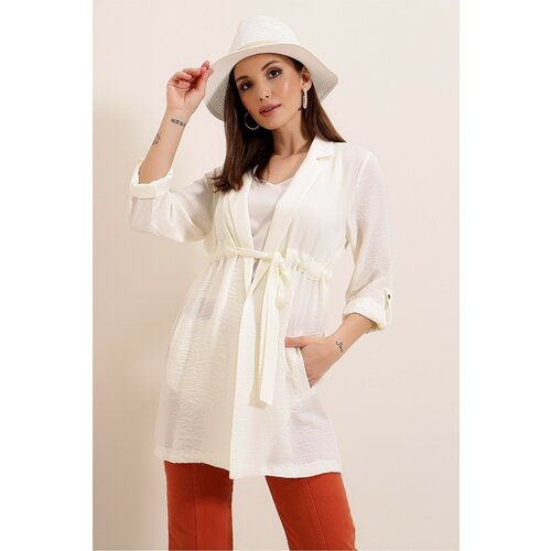 By Saygı Lace-Up Front Foldable Sleeves Linen Jacket Cream with Pockets. Slike