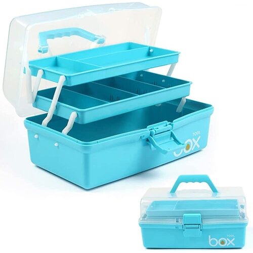 Generic Three-layer multi-purpose storage box folding tool box/craft box/sewing supplies storage box/medicine box/home first aid kit with 2 trays (blue), (21064067) Cene