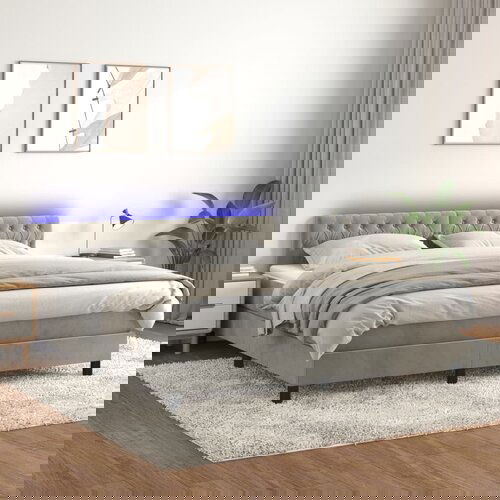 VidaXL Box spring postelja z vzmetnico LED svetlo siva 180x200cm žamet Slike