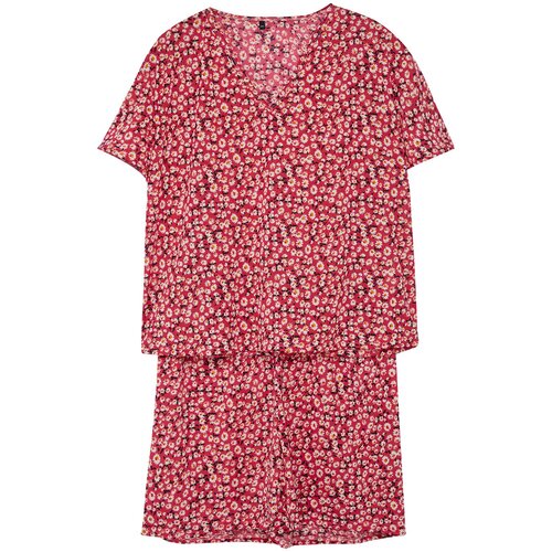 Trendyol Curve Pink Flower Patterned V-Neck Knitted Pajama Set Slike