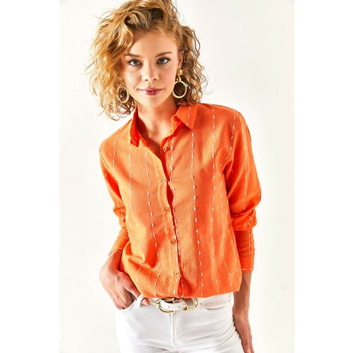 Olalook Women's Orange Flared Linen Shirt with Stitching Detail Slike