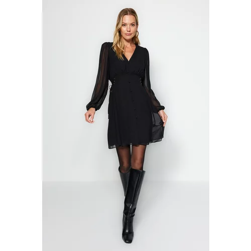 Trendyol Black Eyelet Detail and Buttons Lined Chiffon Woven Dress