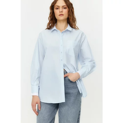 Trendyol Light Blue Double Cuff Oversize/Wrap Woven Shirt