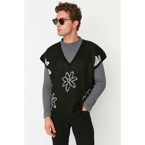 Trendyol Black Unisex Oversize Fit Wide Fit Floral Patterned Knitwear Sweater Slike