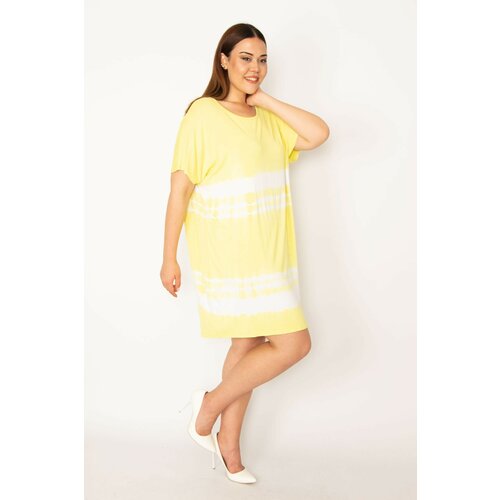 Şans Women's Plus Size Yellow Tie Dye Patterned Tunic Dress Slike